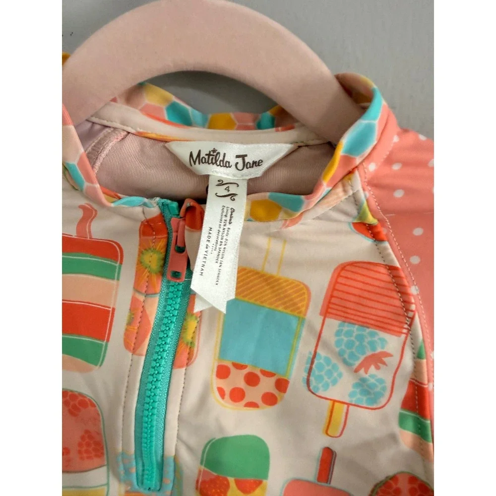 Matilda Jane One Piece Swimsuit Girls 4 Coral Popsicle Ruffle Rash Guard Zip
